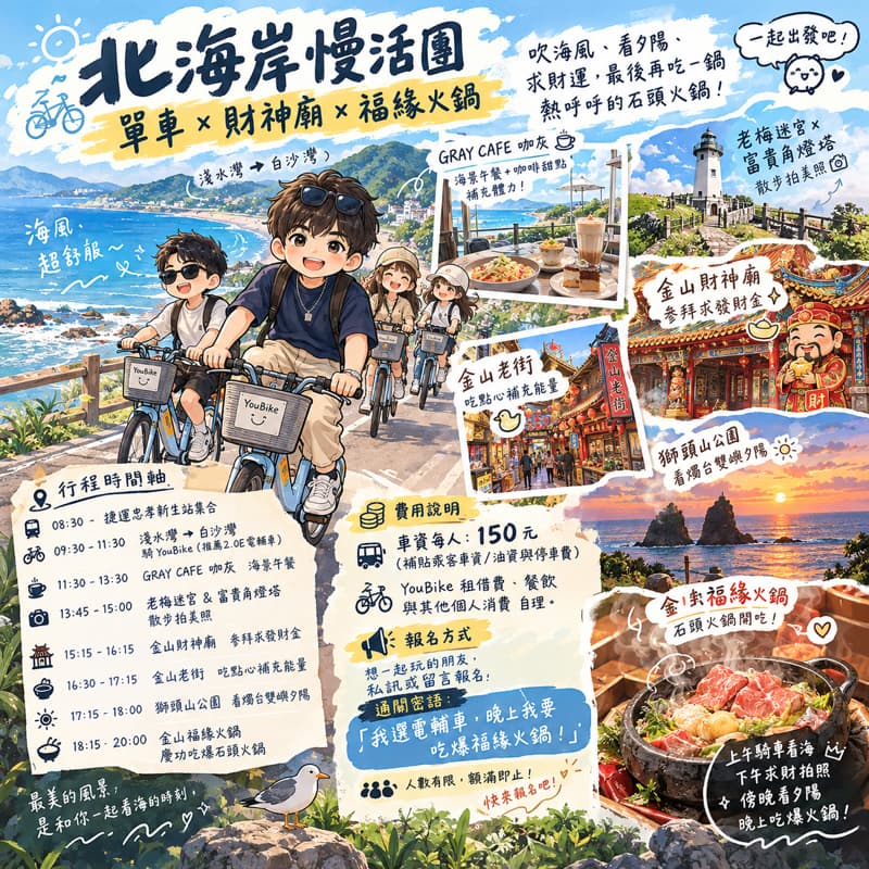 🌊【北海岸慢活團】單車 × 財神廟 × 福緣火鍋 🚴♂️💰
