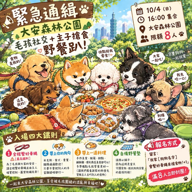 📢【緊急通緝】大安森林公園「毛孩社交+主子搶食」野餐趴!🐕✨