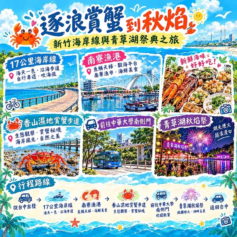 逐浪賞蟹到秋焰:新竹海岸線與青草湖祭典之旅