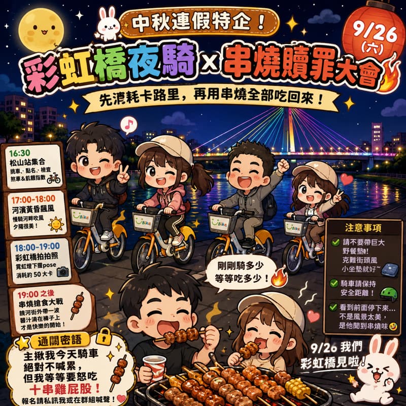 🌕 中秋連假特企:彩虹橋「騎車消耗卡路里、吃串燒贖罪」超荒謬大會#中秋節