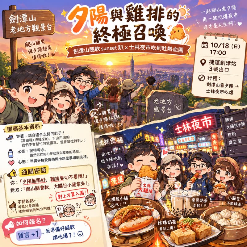 🎉 【夕陽與雞排的終極召喚】劍潭山腿軟 sunset 趴 x 士林夜市吃到吐熱血團 🎉