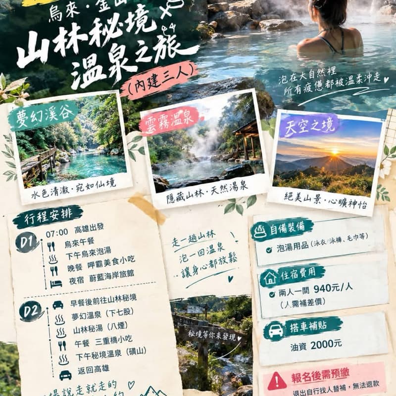 新手友善11/22~23|烏來・金山|山林秘境溫泉之旅